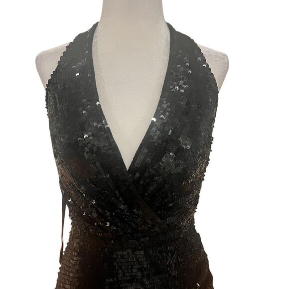 NWT Mac Duggal black sequin midi Halter dress women's size 2 with side ruching - Picture 8 of 14